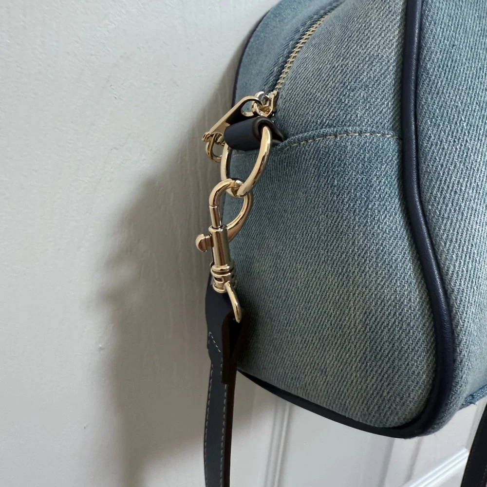 NWT True Religion Blue Denim Distressed Patch Satchel Crossbody Handbag Charms - Picture 3 of 6